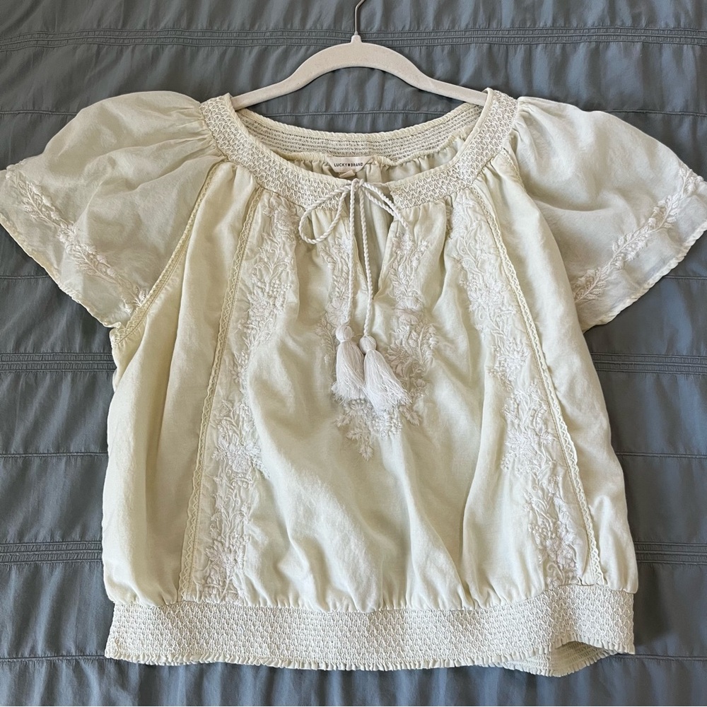 Lucky Brand Pale Yellow Sz L Embroidered Blouse EUC